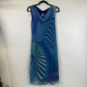 Vintage 1990s Cowl Neck Dress Made In USA Size 10 Blue Swirl Psychedelic